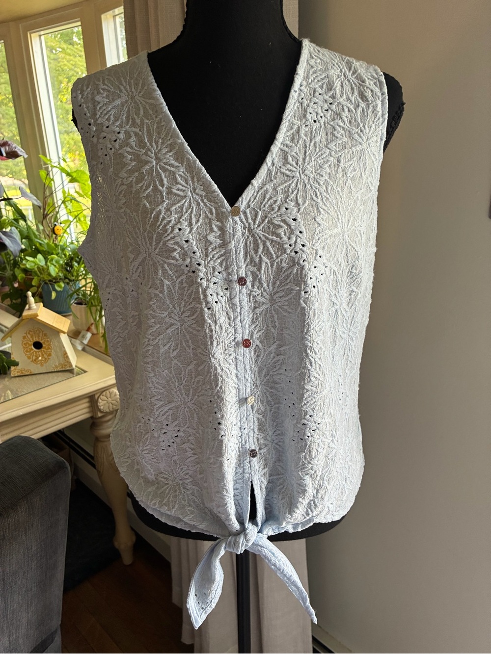 Michael Kors Pale Blue Floral Eyelet Tie-Front Camisole